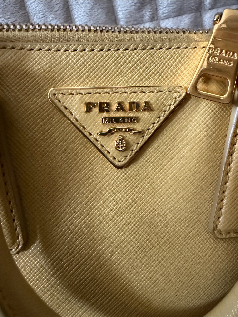 PRADA Yellow Saffiano Leather Small Dome Crossbody Bag w/Triangle Logo Plaque